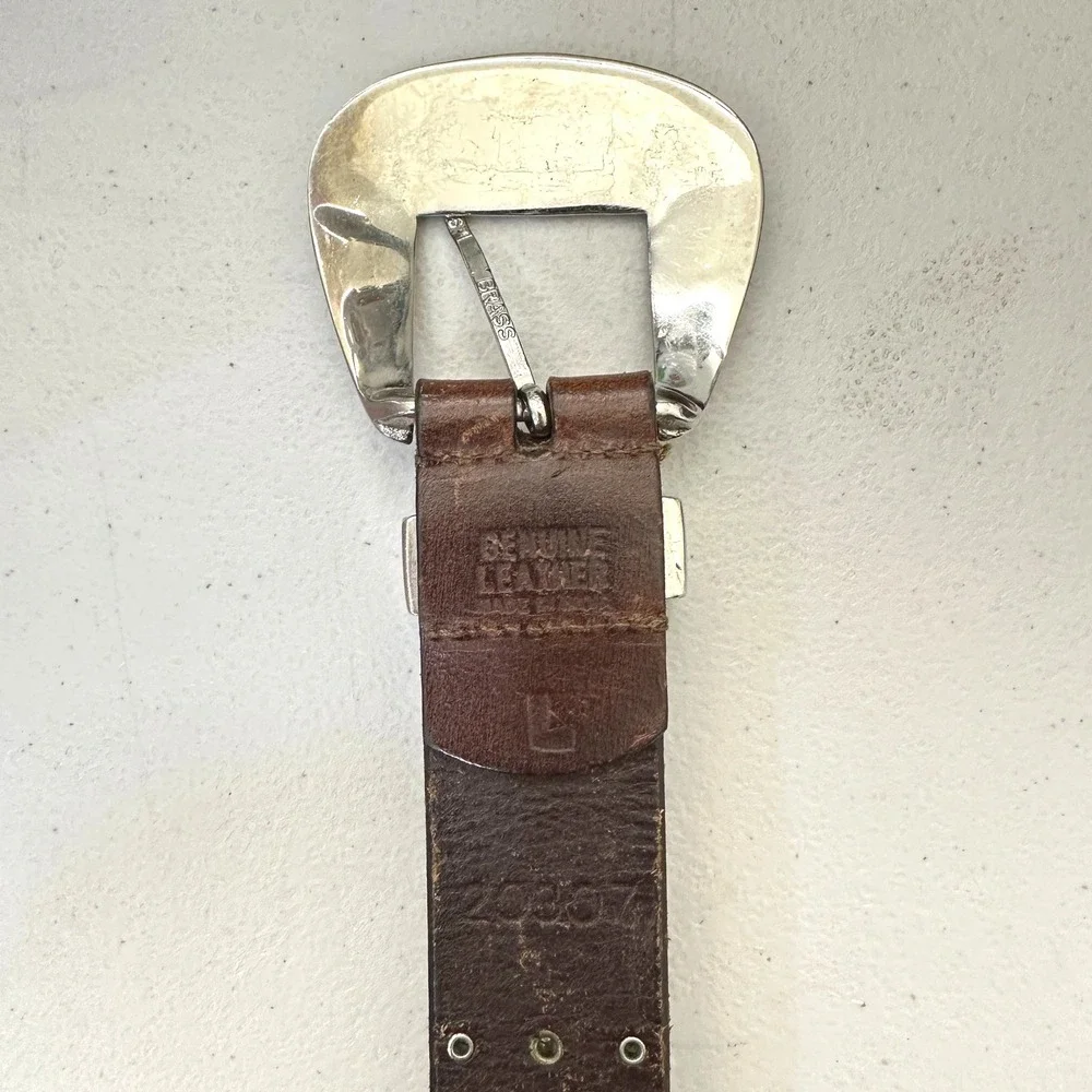 Y2K Genuine Leather Western Studded Belt L Brown Floral Engraved Buckle Cowgirl